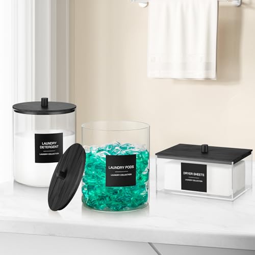 Glass Jars and Acrylic Dryer Sheet Holder, Laundry Pods Container with Bamboo Lid and 27 Labels, Powder Detergent Containers for Laundry Room Organization, Storage Jars Set (3 Pack, Black) - color: Black
