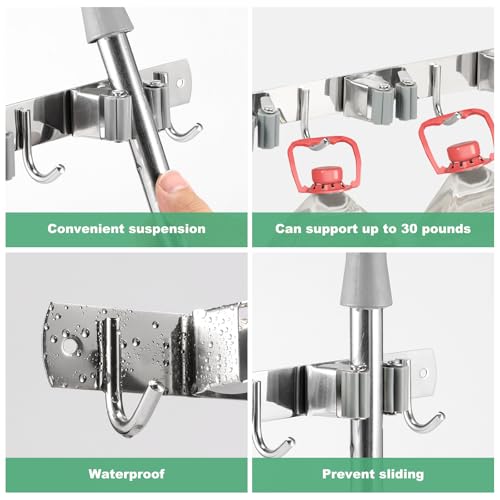 5 Pack Broom Holder Wall Mount 3 Racks 4 Hooks Stainless Steel Broom Mop Holder Anti Slip Storage Rack Strong Load Bearing Waterproof Broom and Mop Organizer Wall Hanging for Bathroom Kitchen Garage