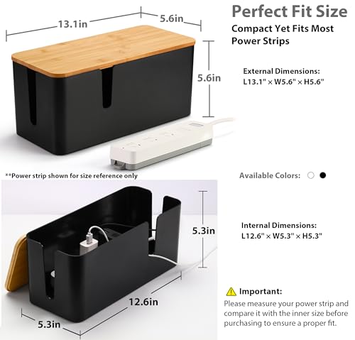 ZhiYo Bamboo Lid Cord Organizer Box, Safe ABS Cable Management Box for TV and Computer, Wood Cover Cord Hider to Hide Wires, Router, USB Hub & Under Desk Power Strip, 1 Pack L13.1 xW5.6 xH5.6 Black - color: Black, size: L