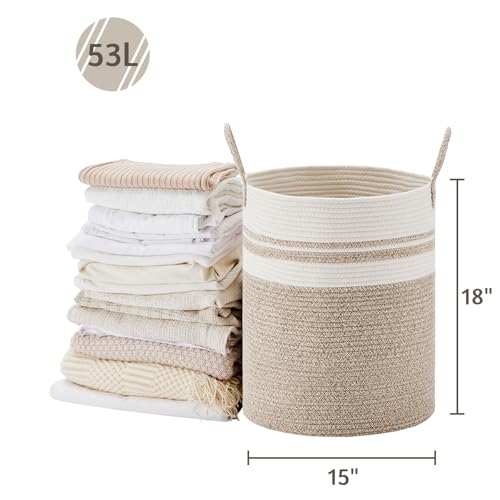 VIPOSCO Large Laundry Hamper, Tall Woven Rope Storage Basket for Blanket, Toys, Dirty Clothes in Living Room, Bathroom, Bedroom - 53L Brown & White - color: Brown & White, size: 53L