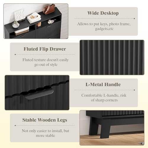Shoe Cabinet Storage for Entryway with 4 Flip Drawers, Fluted Narrow Shoe Organizer with Wooden Legs & Top Cubby, Freestanding Slim Shoe Storage Hidden Shoe Rack for Front Door Entrance, Black - color: Black, size: 4 Drawer with Cubby