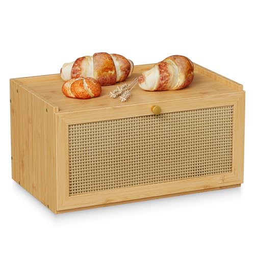 Trironsun Rattan Bamboo Bread Box for Kitchen Counter Large Capacity Bread Storage Bin Farmhouse Bread Storage Container Rustic Bread Holder (Natural Bamboo) - color: Natural Bamboo
