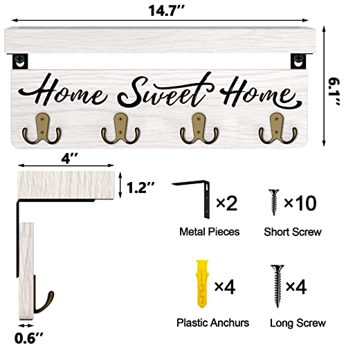 buways Wall-Mounted Key and Mail Holder, Wooden Key Rack with 4 Double Key Hooks, Rustic Home Decor for Entryway(White) - color: White