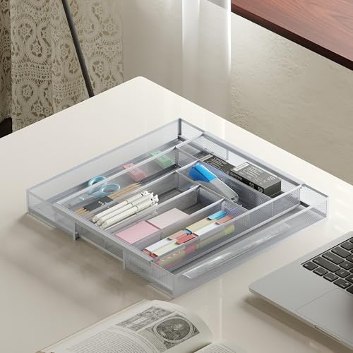 Sedegn Silverware Organizer Metal Mesh, Large Drawer Organizer, Utensil Cutlery Tray for kitchen drawers, Expandable Flatware Organizer with 8 Compartment Silver 11.6"~20" x 17.3" - color: Silver, size: Expandable 11.6"~20" x 17.3"