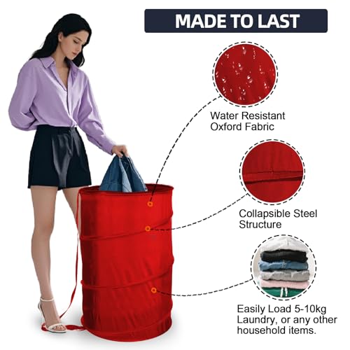 BATTOO Collapsible Laundry Baskets- Foldable Hamper for Laundry Extra Large Pop Up Laundry Hamper 107L with Long Straps Drawstring Clothes Hamper for Bathroom, Campout, Dorm or Travel Red - color: Red, size: 17.5"x27"