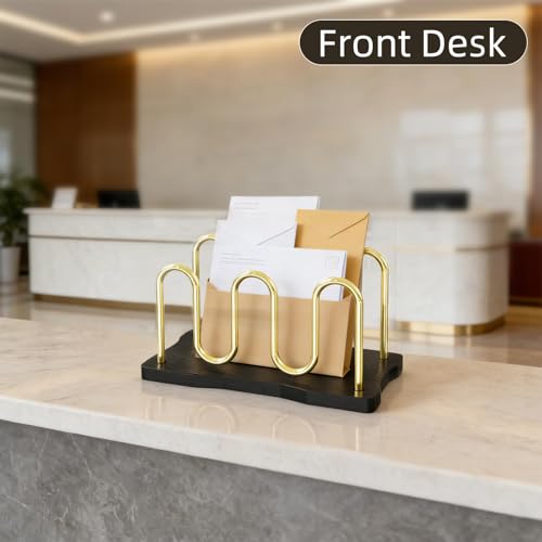 Mail Holder Organizer Countertop, Metal Mail Sorter for Desk, Cutout Mail Storage Bills Organizer Letter Tray Design with Bamboo Base for Home Office (Black) - color: Black