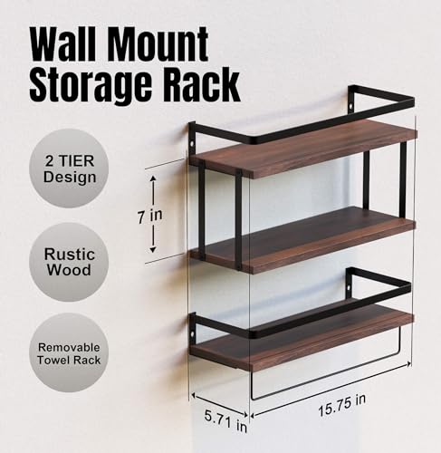 RICHER HOUSE 2+1 Tier Wall Mounted Floating Shelves Set of 2, Rustic Wood Shelf with Metal Frame, Extra Storage Rack for Bathroom, Kitchen, Bedroom with Tissue Rack & Towel Bar - Rustic Brown - color: Rucstic Brown, size: 2+1 Tier Size