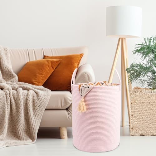 Woven Cotton Rope Laundry basket-15”X20” Laundry Hamper-Rope Storage Basket for Dirty Clothes, Toys and Blankets Perfect for Bathroom, Baby nursery and Living Room Storage (pink) - color: pink, size: regular