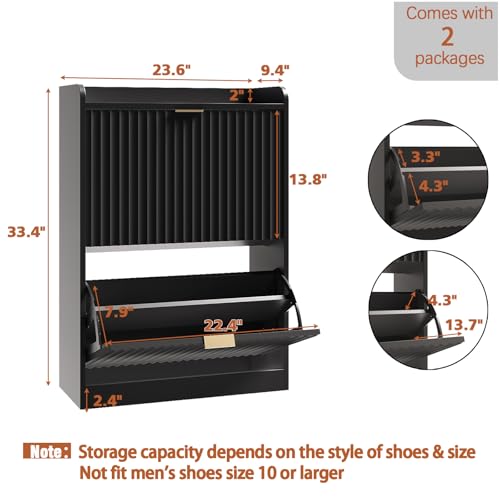 Black Fluted Shoe Cabinet with 2 Flip Drawers, Narrow Shoe Storage Cabinet for Entryway, Freestanding Shoes Rack Organizer Cabinets with Adjustable Shelves for Entryway, Hallway - color: Black, size: 2-Drawers