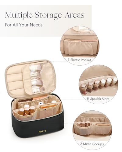 Prite Makeup Bag, Large Capacity Portable Travel Cosmetic Bag, Waterproof Makeup Organizer for Women with Handle and Divider (001 Black) - color: 001 Black