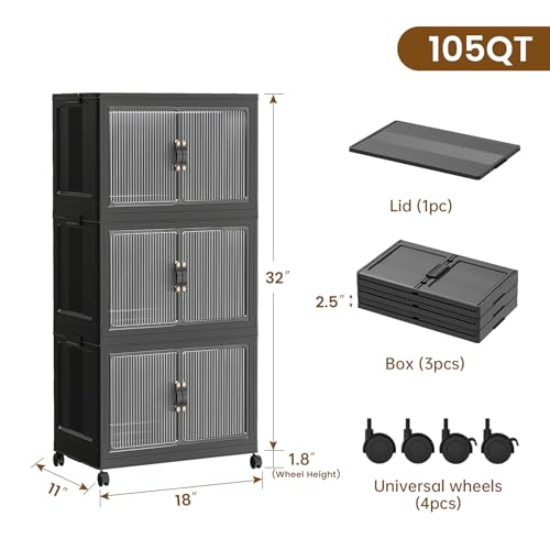 SAILUN 26Gal/105Qt Stackable Storage Bins Folding Collapsible Storage Bins with Lid, Closet Organizers and Storage Box with Door Black 18" W x 11" D x 32" H - color: Black, size: 1 Lid 3 Pack-18" W x 11" D x 32" H
