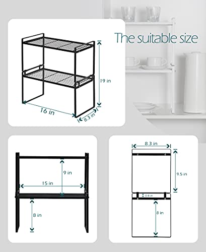 Shantton 2Pack Cabinet Shelf Organizer Storage Rack Space Saving for Kitchen Counter Pantry Bathroom Cupboard Under Sink Office Table Steel Stackable Rust Resistant Heavy Duty Nonslip 16” Black - Tall - color: Black, size: L16" W8.3" H9.5"