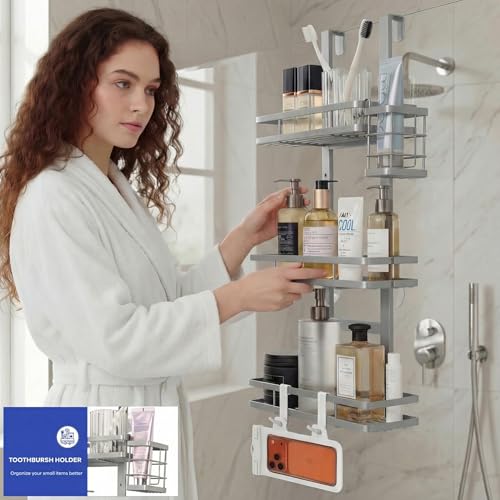 Over the Door Shower Caddy Hanging, Rustproof Shower Shelves with Waterproof Phone Pouch, Adjustable Bathroom Organizers and Storage, No Drilling Shampoo Soap Shelf (Silver 3-Tier) - size: Silver 3-Tier