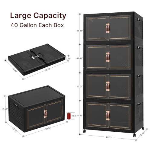 UAMFURI Extra Large Stackable Storage Bins with Lids & Wheels, 672QT-168QT/42GAL*4Pack Foldable Collapsible Closet Organizers Storage Cabinet with Doors for Bedroom Dorm - color: Black, size: 4PACK-30"W20"D65"H