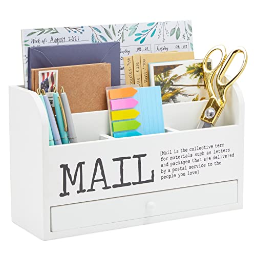 Juvale Wooden 3-Tier Countertop Mail Organizer - Desktop Organizer with Drawer for Paper & Supplies - Wall-Mount Mail Holder for Envelopes & Letters - White, 11 x 7 x 4 in