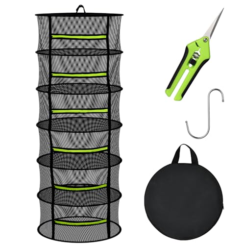 MEKOLIFE Herb Drying Rack with Mesh Design, Hanging Drying Rack with Green Zipper & Garden Pruning Shears – Versatile Plant Drying Solution (6 Layers) - size: 6 Layers