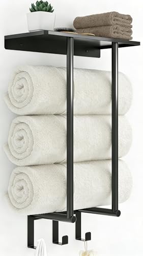 Towel Racks for Bathroom, Bathroom Towel Rack Wall Mounted with Metal Shelf and 3 Hooks for Small Bathroom, Black - color: Black, size: Round Tube