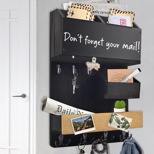 Mail Organizer Wall Mount，Key Holder Mail and Key Organizer for Wall with Shelf, Chalkboard, Corkboard, Home Decor for Room Office Entryway(Midnight Black) - color: Midnight Black, size: Vertical