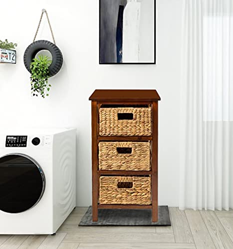 eHemco 3 Tier X-Side End Storage Cabinet with 3 Wicker Baskets, Walnut - color: Walnut, size: 14"D x 14"W x 25"H (3 Drawers)