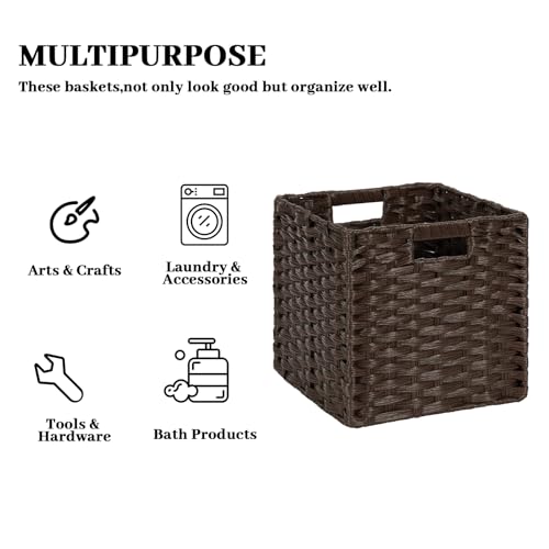 DULLEMELO Wicker Storage Baskets 11x11 Cube Storage Bins for Organizing Plastic Woven Baskets Set of 4 Waterproof Wowen Storage Cube Organizer for Pantry Closet Set of 4 - Deep Coffee - color: Deep Coffee, size: 11"-4 pack