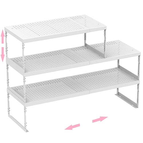 Stackable Expandable Metal Shelf Organizer - Adjustable Wire Storage Rack with Holes for Kitchen, Bathroom, Cabinet, Office - Space Saving, Durable & Sturdy Design（3PACKS/Medium/White - color: 3packs/Medium/White, size: Medium