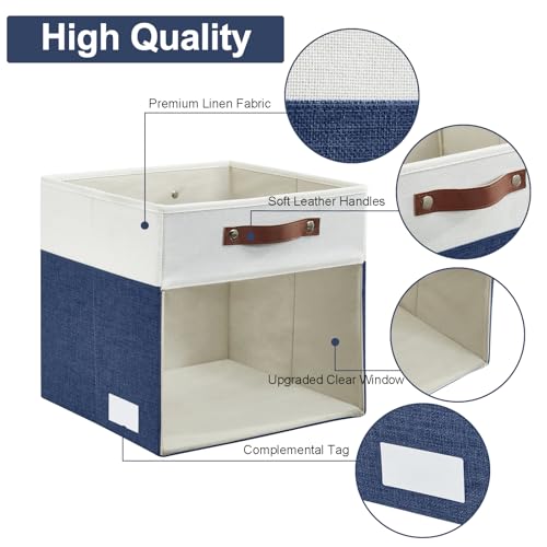 Bagnizer Storage Cubes, 4 Pack Linen Foldable Storage Bins (13 x 13 inch) with Clear Window and Handles, Fabric Organizer for Shelf Closet, Clothes, Books - (Navy Blue and White) - color: Navy Blue / Off-White, size: 13 x 13 x 13