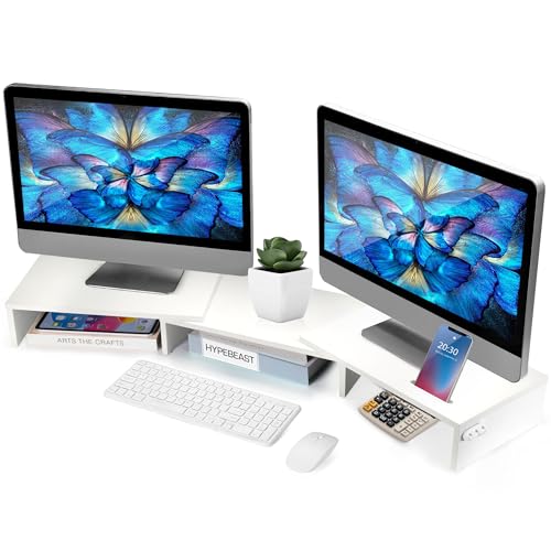 La Jaco Dual Monitor Stand Riser for 2 Monitors, Monitor Stand for Desk, Adjustable Length & Swivel Angle Wooden Desktop Organizer Stand Riser with Smartphone Holder for PC Monitor Laptop, White - color: White