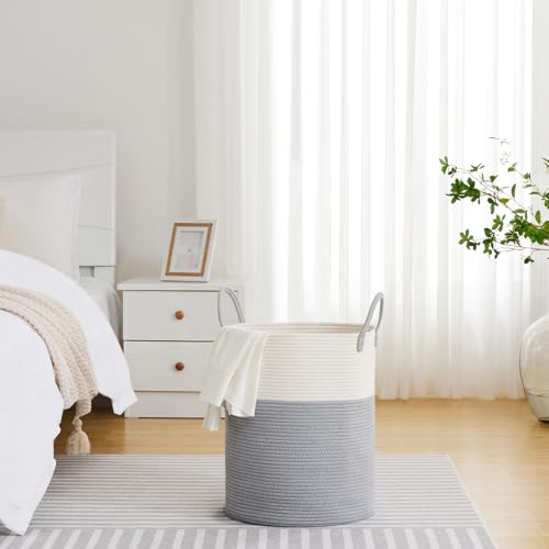 VIPOSCO Large Laundry Hamper, Tall Woven Rope Storage Basket for Blanket, Toys, Dirty Clothes in Living Room, Bathroom, Bedroom - 53L Grey & White - color: Grey, size: 53L