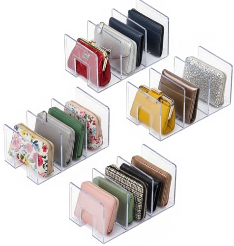 YAGELI Clear Acrylic Purse Organizer for Closet, 3-4 Section Desk File Sorter, 2.95" Wide Slots for Clutches, Handbags, Binders & Folders, Sturdy Stackable Bookshelf Organizer, 4-Pack (3 Sections) - size: 3 Sections-4 pack