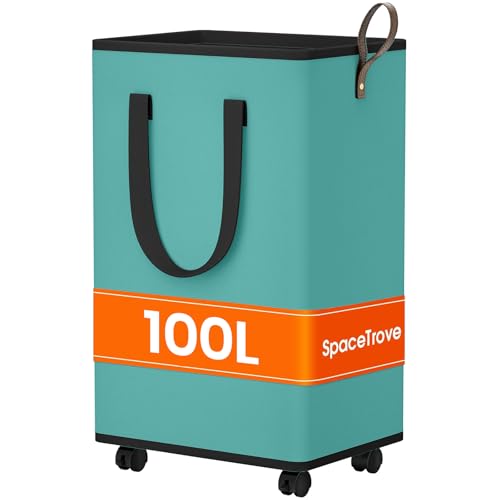 SpaceTrove Laundry Basket with Wheels, Collapsible Laundry Baskets, Laundry Hamper with Handles Detachable Wheels, Rolling Laundry Basket, Dirty Clothes Hamper for Bathroom, Dorm, Bedroom, Green, 100L - color: Green, size: 100L