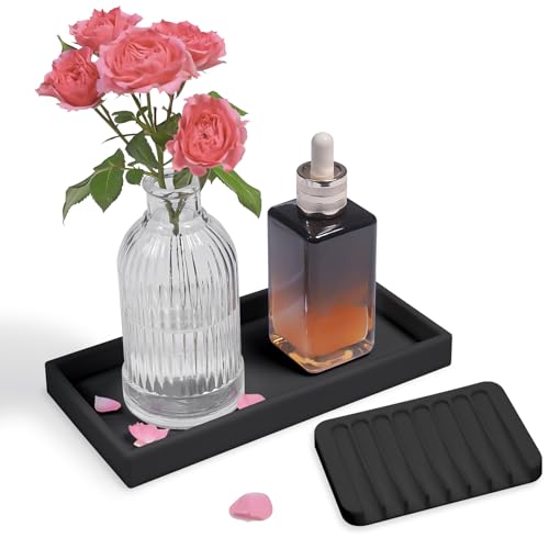 Bloss Small Bathroom Vanity Tray with Soap Dish, 8 x 4 inch Silicone Kitchen Soap Tray,Bathroom Counter Trays Organizer for Candle Perfume Jewelry Key, Black - color: Black, size: 7.9" x 3.9" x 0.9"