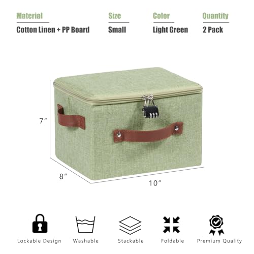 2PCS Storage Bins Box with Zipper Lid Combination Lock PU Leather Handles Cotton Linen Fabric Lidded Lockable Basket Foldable Washable Closet Shelf Organizer Container (Light Green, Small) - color: Light Green, size: Small ( Set of 2 )
