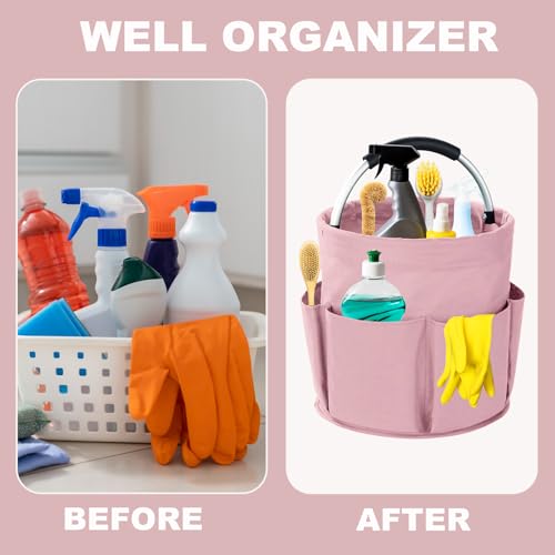 Cleaning Caddy with Handle, 17L Foldable Cleaning Supplies Organizer, Portable Storage Basket, Cleaning Supply Caddy, Multifunctional Cleaning Bucket Bag for Garden, Home, Kitchen (Pink) - color: Pink