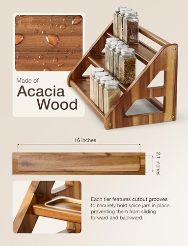 Tinamo Acacia Wood Spice Rack for Countertop - Wooden Tray Holds 24 Jars Spice Racks Organizer for Storage Shelf - 3 Tiered Spice Rack Organizer for Cabinet - Spice Shelf for Kitchen Pantry (Acacia) - color: Acacia