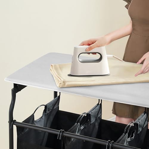 Hoctieon 3 Section Laundry Sorter Cart with Ironing Board, Laundry Hamper with Shelf and Rolling Wheels, Heavy Duty Laundry Basket Organizer, Large Clothes Separator Hamper with Removable Bags, Black - color: Black