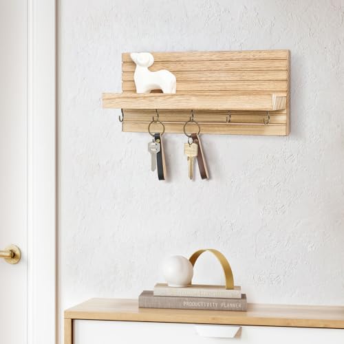 Lwenki Decorative Key Holder for Wall with Shelf, Entryway Shelf with Hooks Holds Leashes, Jackets and Glasses – Sturdy Wood Keyholder Entrance Hanger with Mounting Hardware (Wood, Medium) - color: Wood, size: Medium