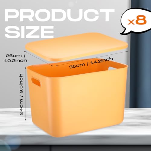 Hoolerry 8 Pieces Colorful Storage Bins with Lid, Plastic Storage Basket Organizing Container Stackable Box with Handle for Shelves Desktop Playroom Office(14.2 x 10.2 x 9.5 Inch,Yellow) - color: Yellow, size: 14.2 x 10.2 x 9.5 Inch