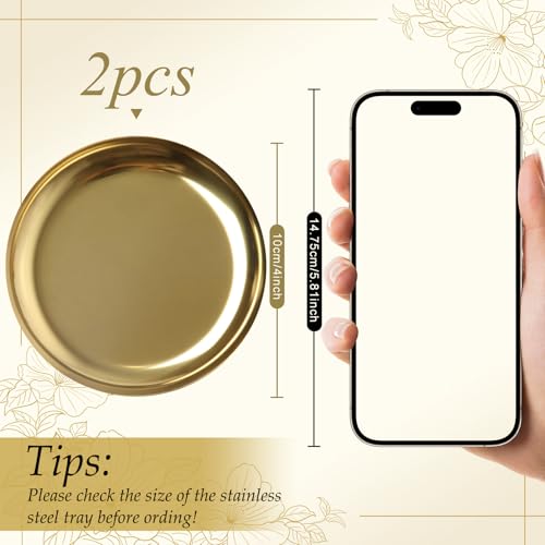 2 Pack 4 Inch Small Gold Tray, Palm-Sized Gold Jewelry Tray,Small Stainless Steel Tray for Jewelry, Vanity, Kitchen, Bathroom
