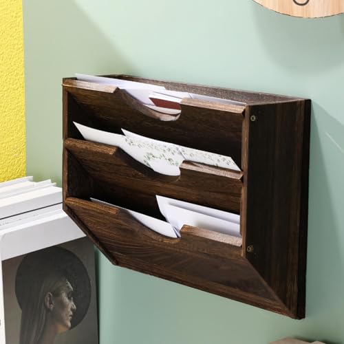 RattanView 3 Wall Wood File Organizer Hanging File Organizer for Office Rustic Paper Mail Organizer Mounted Storage Rack for Home Documents Magazine Literature Folders Brown