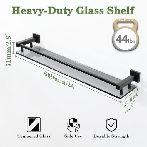 Alise Glass Bathroom Shelves Wall Mounted, 24 Inch Matte Black Tempered Floating Shelves Bathroom, Stainless Steel Bathroom Glass Shelf - color: Matte Black, size: 24 Inch