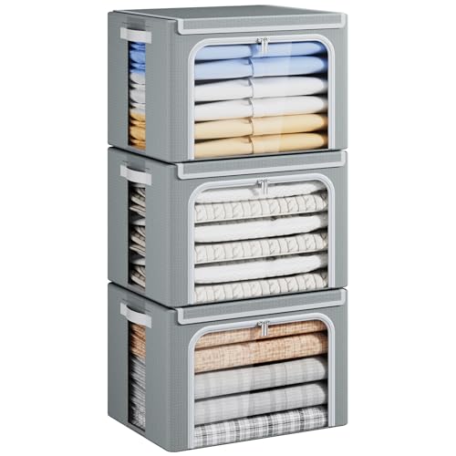Yecaye Clothes Storage Bins with Metal Frame, 40L Foldable Clothing Storage Bins with Lid, Stackable Zippered Clothes Storage Bags, Oxford Fabric Organizer Box With Clear Window＆ PU Leather Handles - color: Grey, size: Medium(3 Pack)
