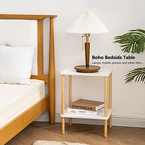 Apicizon 2 Tier End Table, Small Side Table with Solid Wood Legs, Boho Bedside Table with Storage Shelf, Nightstand for Small Spaces, Bedroom, Living Room, Entryway, Easy Assembly, White+Natural - color: White+natural, size: 1 Set, style: 2 Tier