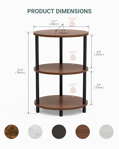 Small Round Side Table - 3-Tier Oval Accent Table for Small Spaces, Rustic Wood and Metal Couch End Table, Nightstand for Bedroom or End Table Living Room, Set of 2, Rustic Walnut - color: Rustic Walnut, size: 2-Pack, style: Without Power Outlets