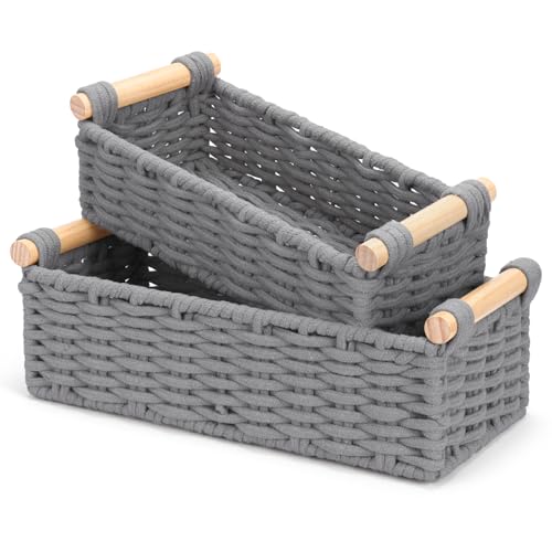 Boho Cotton Rope Storage Baskets Set of 2, Woven Wicker Organizer Bins with Wooden Handles, Small Decorative Boxes for Organizing, Toilet Paper Baskets for Bathroom Countertop, Shelves (Gray 2 Pack) - color: Gray 2 Pack
