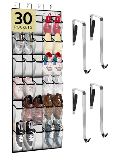 PAULONE Over the Door Organizer with 30 Large Pockets, 3 Sizes of Closet Hangers, Holds up to 69 lbs, Hanging Organizer with Clear Window for Children's Toys, Shoes, Diapers (White) - color: White