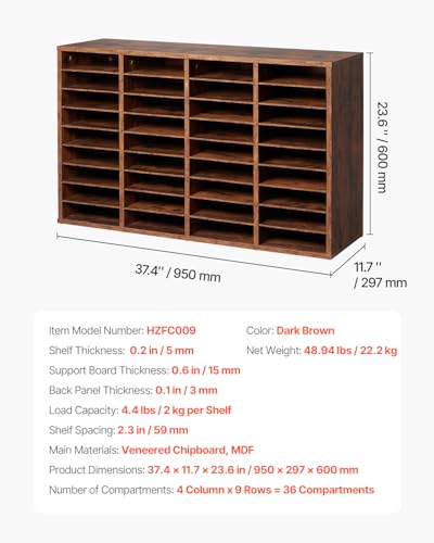 VEVOR Literature Organizer, 36 Compartments Office Mailbox with Removable Shelves, Wood Mailbox Sorter Particle Board Office Home Classroom Storage, File Sorter for File, Document, Paper, Dark Brown - color: Retro Brown, size: 36 Compartments