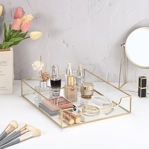 BTSKY 2 Pack Golden Glass Desk Tray, Multi-Purpose Organizer for A4 Paper, Documents, Desk Supplies, Makeup, Clear File Tray with Metal Frame, Stackable Decorative Storage for Home Office Vanity