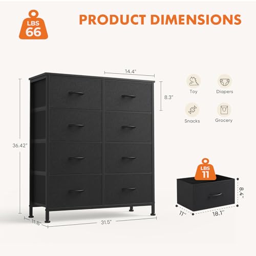 Sweetcrispy 8 Drawer Dresser with Fabric Bins Fabric Storage Tower Organizer for Bedroom Closet Hallway Entryway Tall Chest of Drawers with Steel Frame Wood Top Easy Pull Handles,Black - color: Black, size: 31.7"D x 11.8"W x 36.6"H (8 Drawers)
