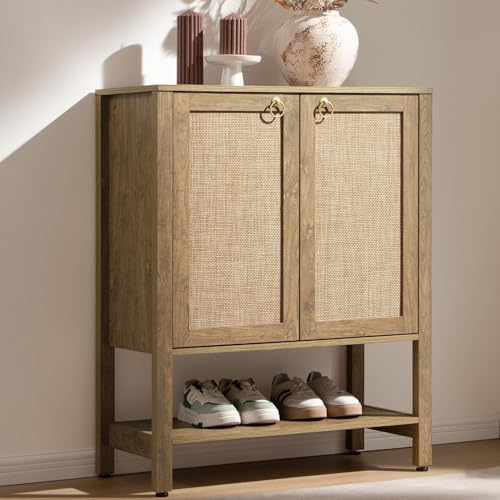 SICOTAS Rattan Shoe Cabinet with Storage - 5 Tier Farmhouse Boho Shoe Organizer Storage Cabinet with Shelves & Doors, Tall Shoe Rack Cabinet for Entryway, Living Room, Closet (Carbon Cherry) - color: Carbon Cherry, size: 1 Piece
