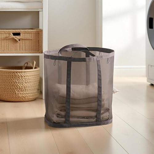Mesh Bag with Handles, Collapsible Laundry Basket, Foldable Laundry Bag, Breathable Folding Beach Bag,Space-saving Travel Tote Bags (1, Brown) - color: Brown